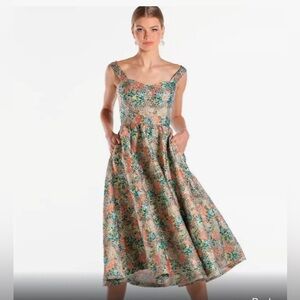 Mestiza New York Floral Metallic Sweetheart Neckline Midi Dress